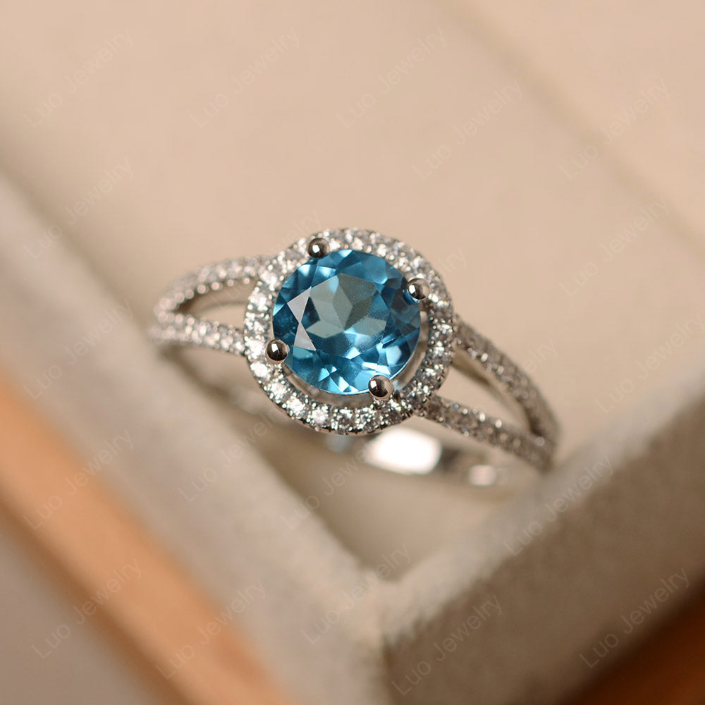 Round Swiss Blue Topaz Halo Split Shank Engagement Ring - LUO Jewelry