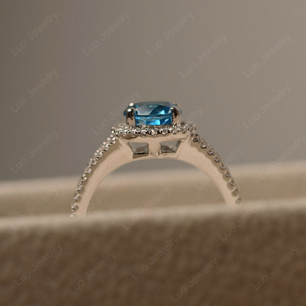 Round Swiss Blue Topaz Halo Split Shank Engagement Ring - LUO Jewelry