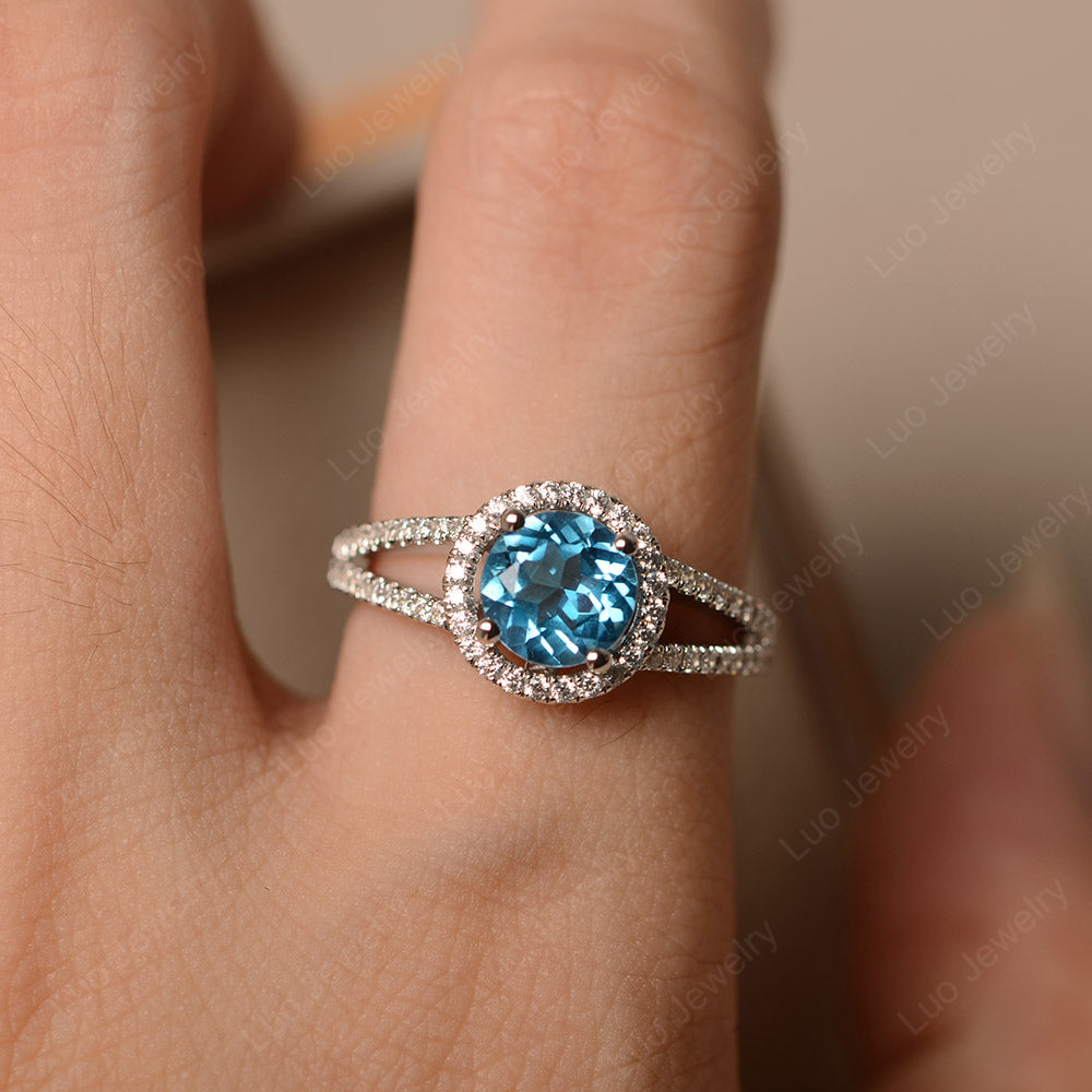 Round Swiss Blue Topaz Halo Split Shank Engagement Ring - LUO Jewelry