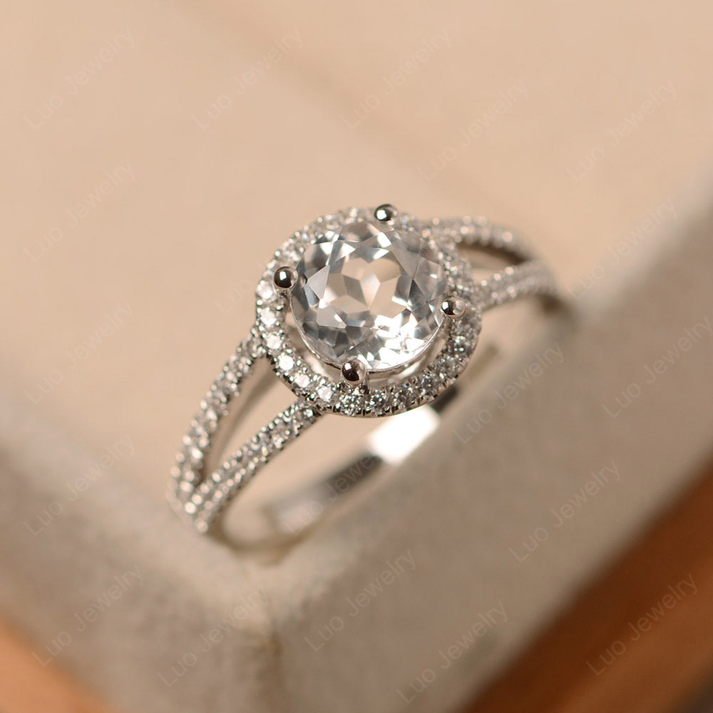 Round White Topaz Halo Split Shank Engagement Ring - LUO Jewelry
