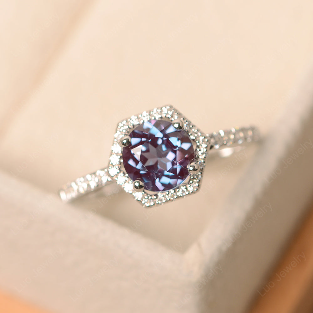Alexandrite Ring Hexagon Halo Engagement Ring - LUO Jewelry