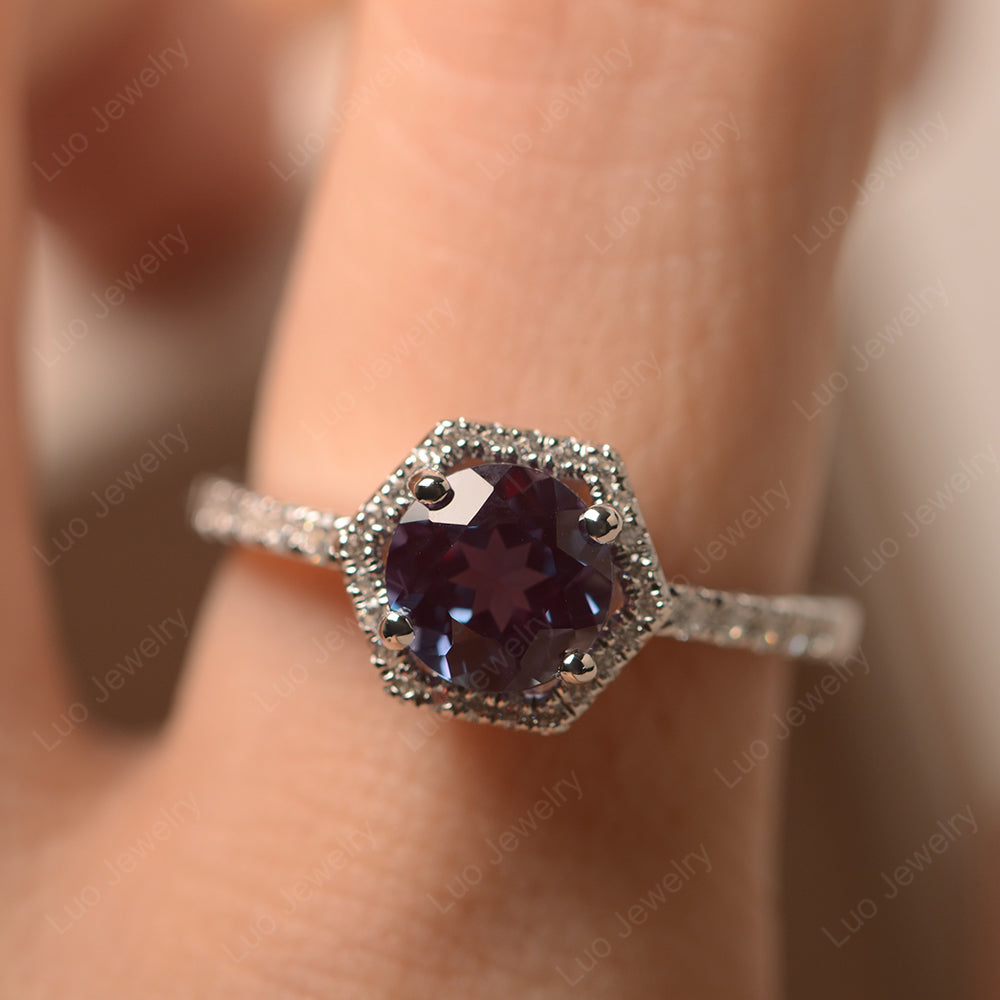 Alexandrite Ring Hexagon Halo Engagement Ring - LUO Jewelry
