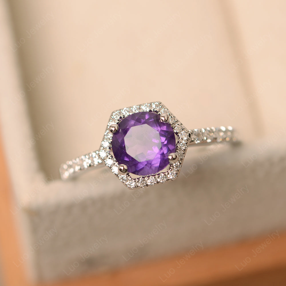 Amethyst Halo Hexagon Setting Engagement Ring - LUO Jewelry