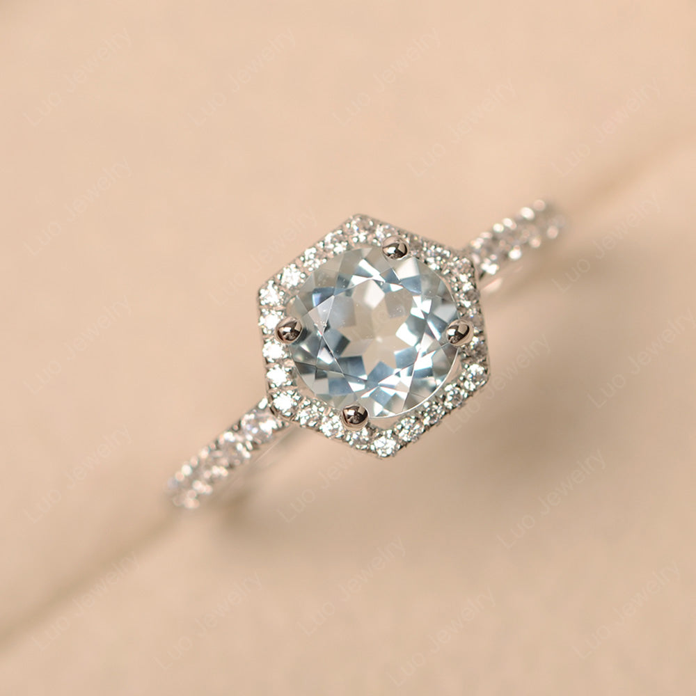 Aquamarine Halo Hexagon Setting Engagement Ring - LUO Jewelry