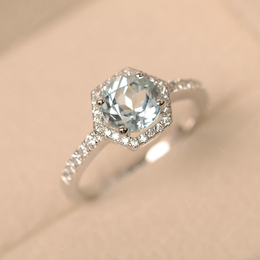 Aquamarine Halo Hexagon Setting Engagement Ring - LUO Jewelry