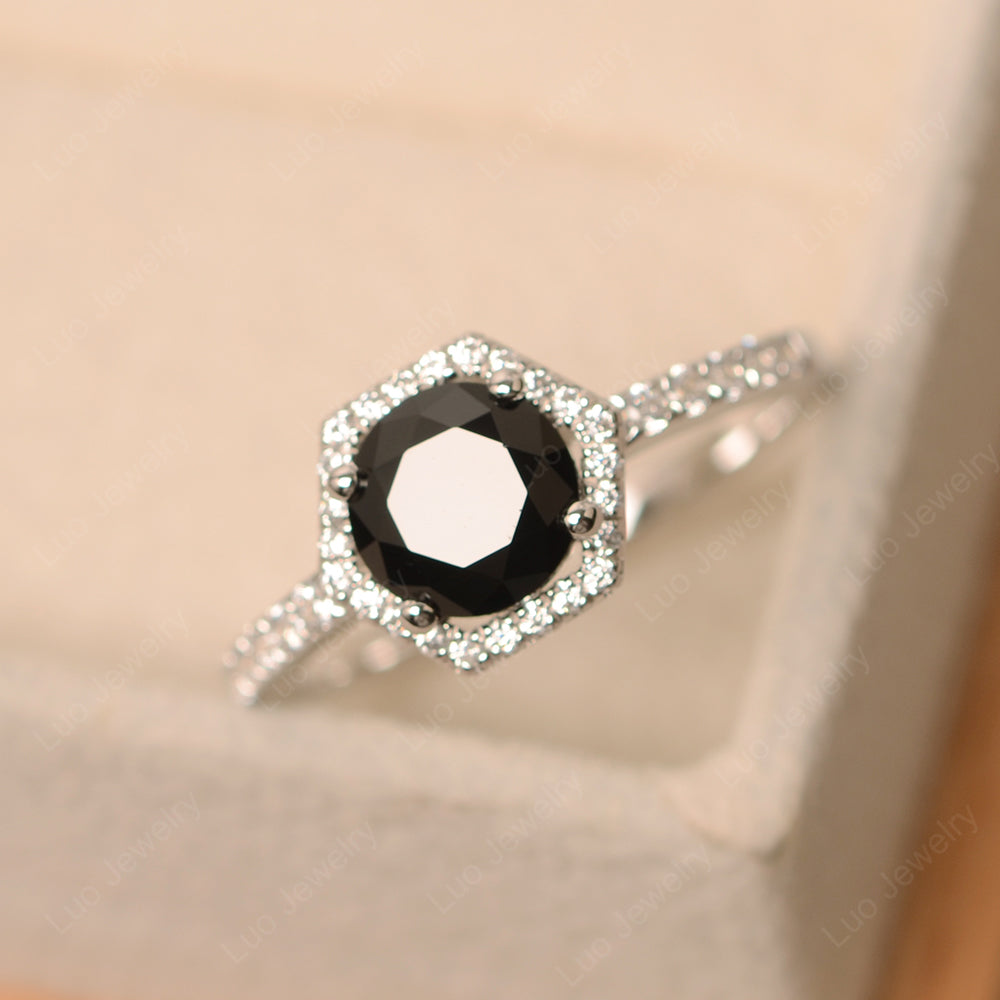 Black Spinel Halo Hexagon Setting Engagement Ring - LUO Jewelry