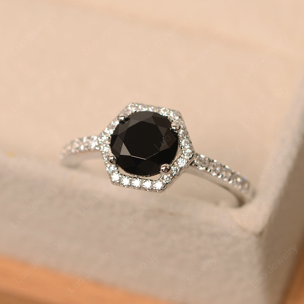 Black Spinel Halo Hexagon Setting Engagement Ring - LUO Jewelry