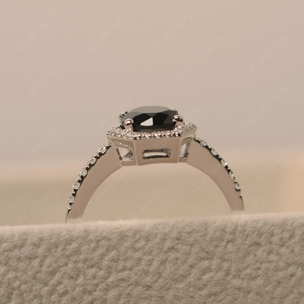 Black Spinel Halo Hexagon Setting Engagement Ring - LUO Jewelry