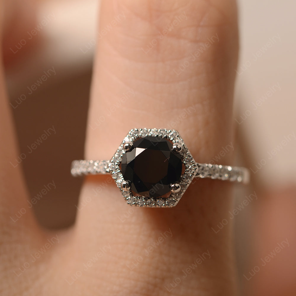 Black Spinel Halo Hexagon Setting Engagement Ring - LUO Jewelry