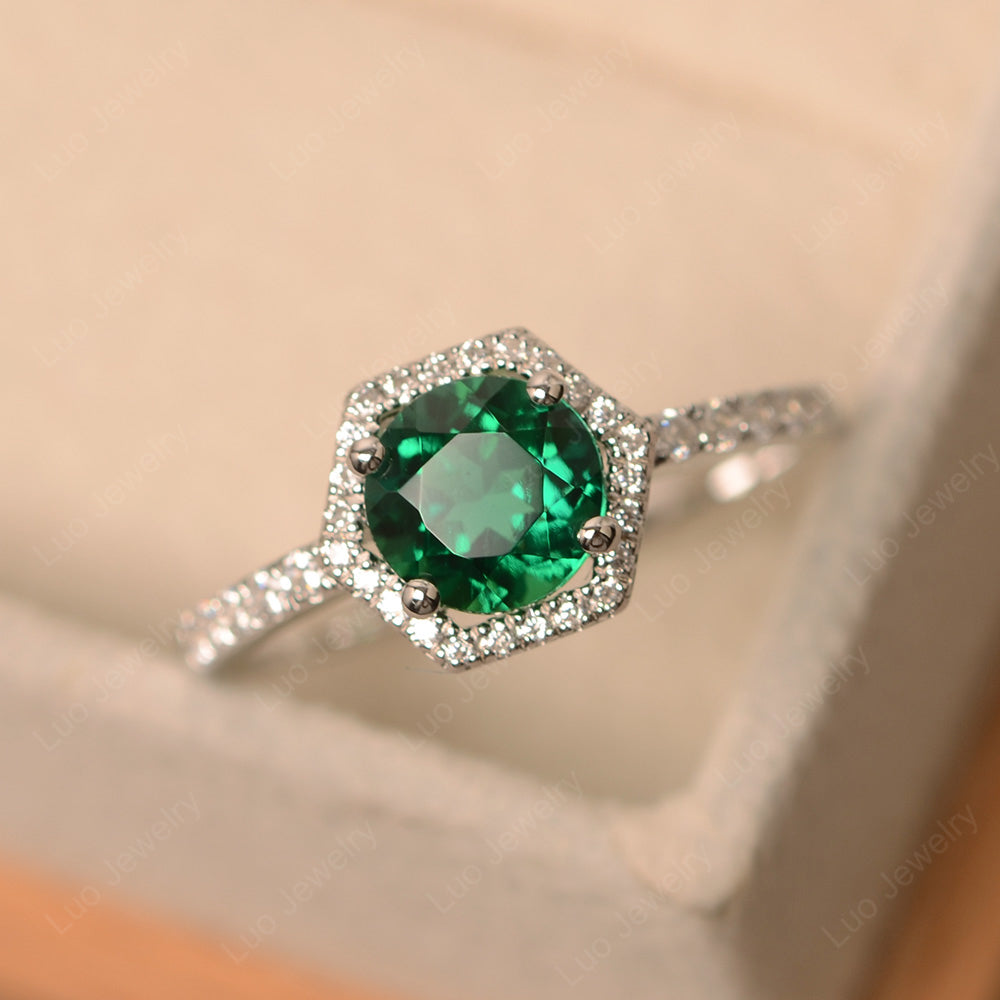 Lab Emerald Halo Hexagon Setting Engagement Ring - LUO Jewelry