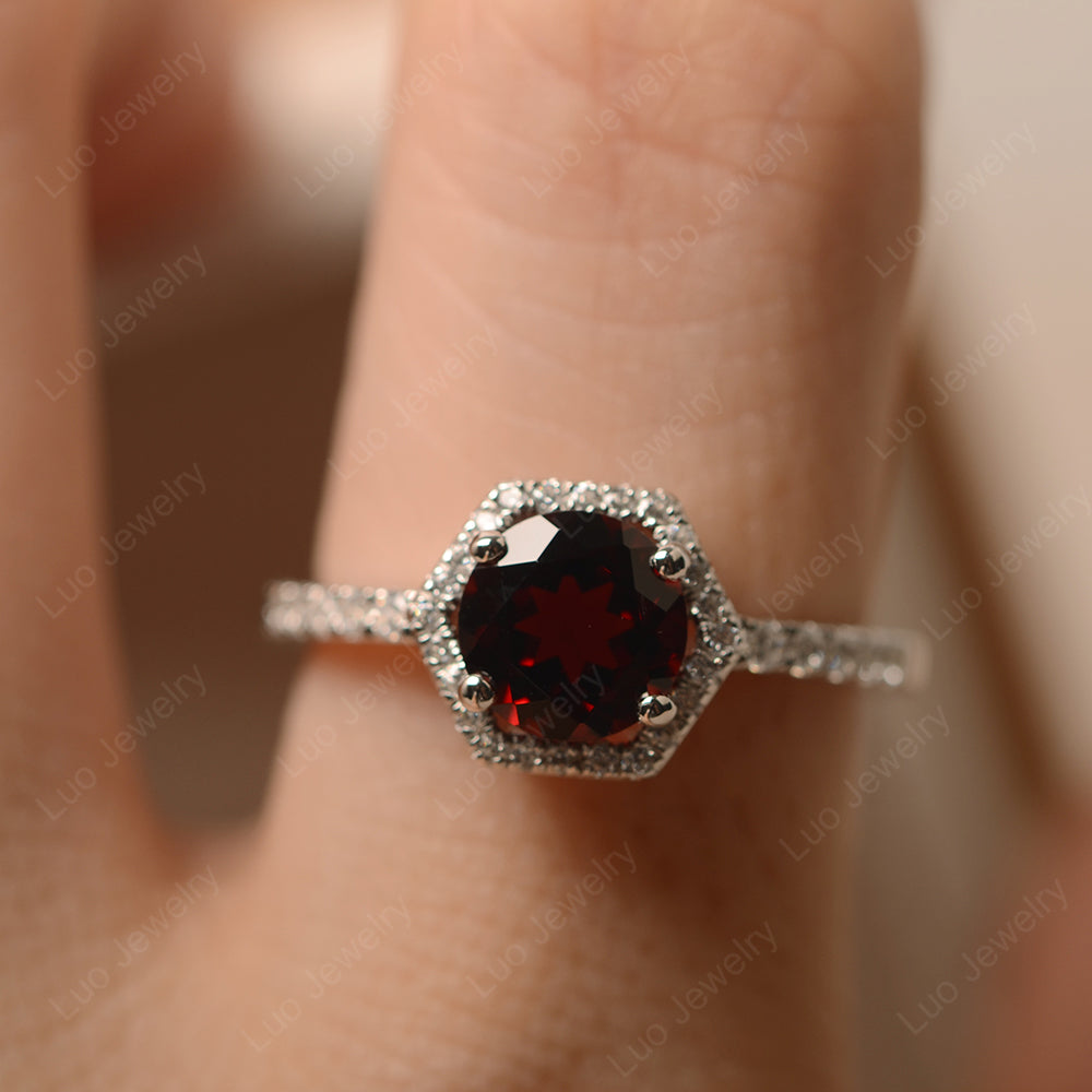 Garnet Halo Hexagon Setting Engagement Ring - LUO Jewelry