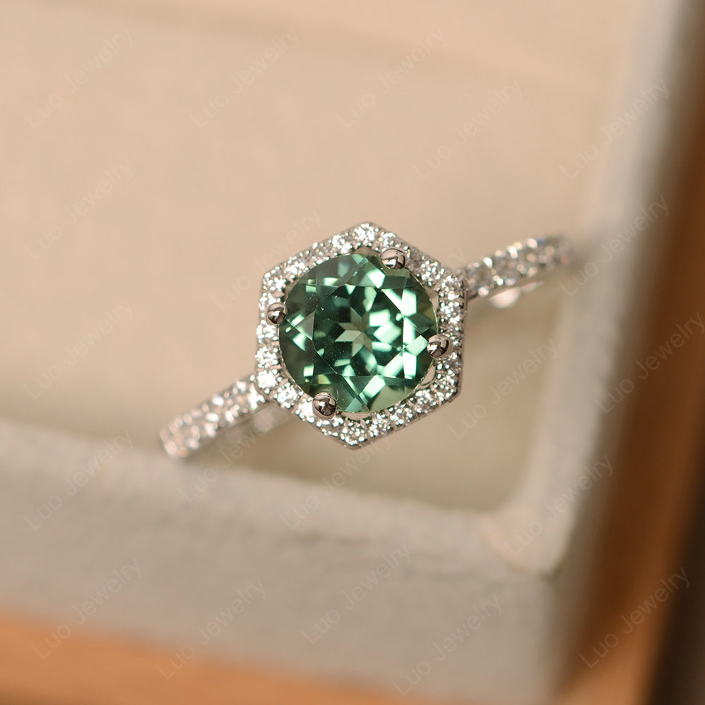 Green Sapphire Halo Hexagon Setting Engagement Ring - LUO Jewelry