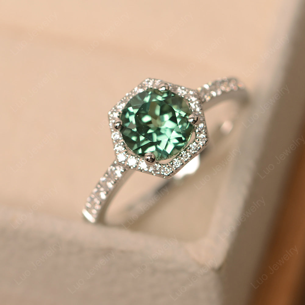 Green Sapphire Halo Hexagon Setting Engagement Ring - LUO Jewelry