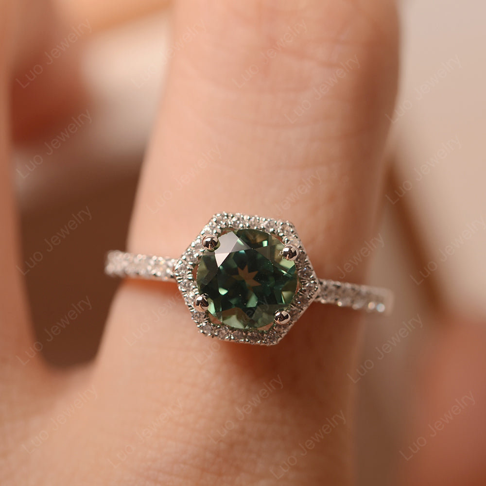 Green Sapphire Halo Hexagon Setting Engagement Ring - LUO Jewelry