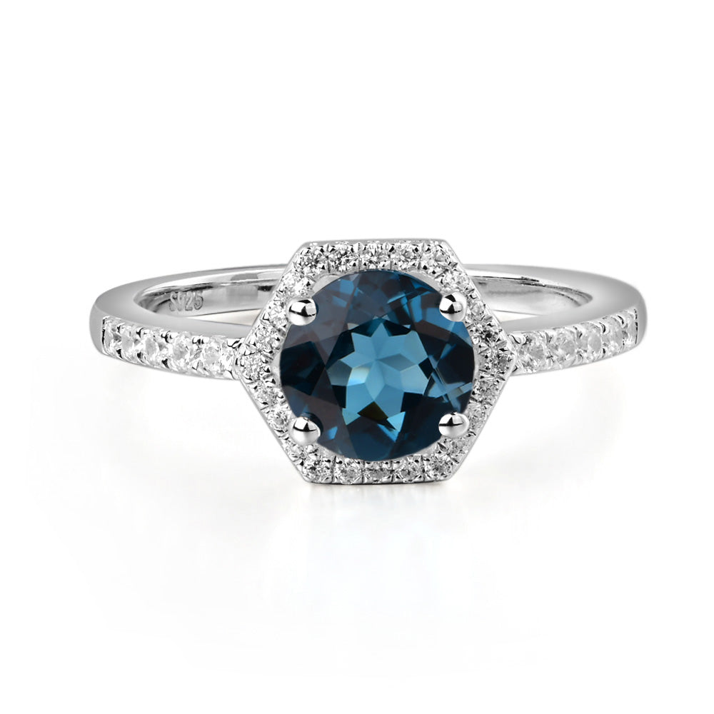 London Blue Topaz Halo Hexagon Setting Engagement Ring - LUO Jewelry
