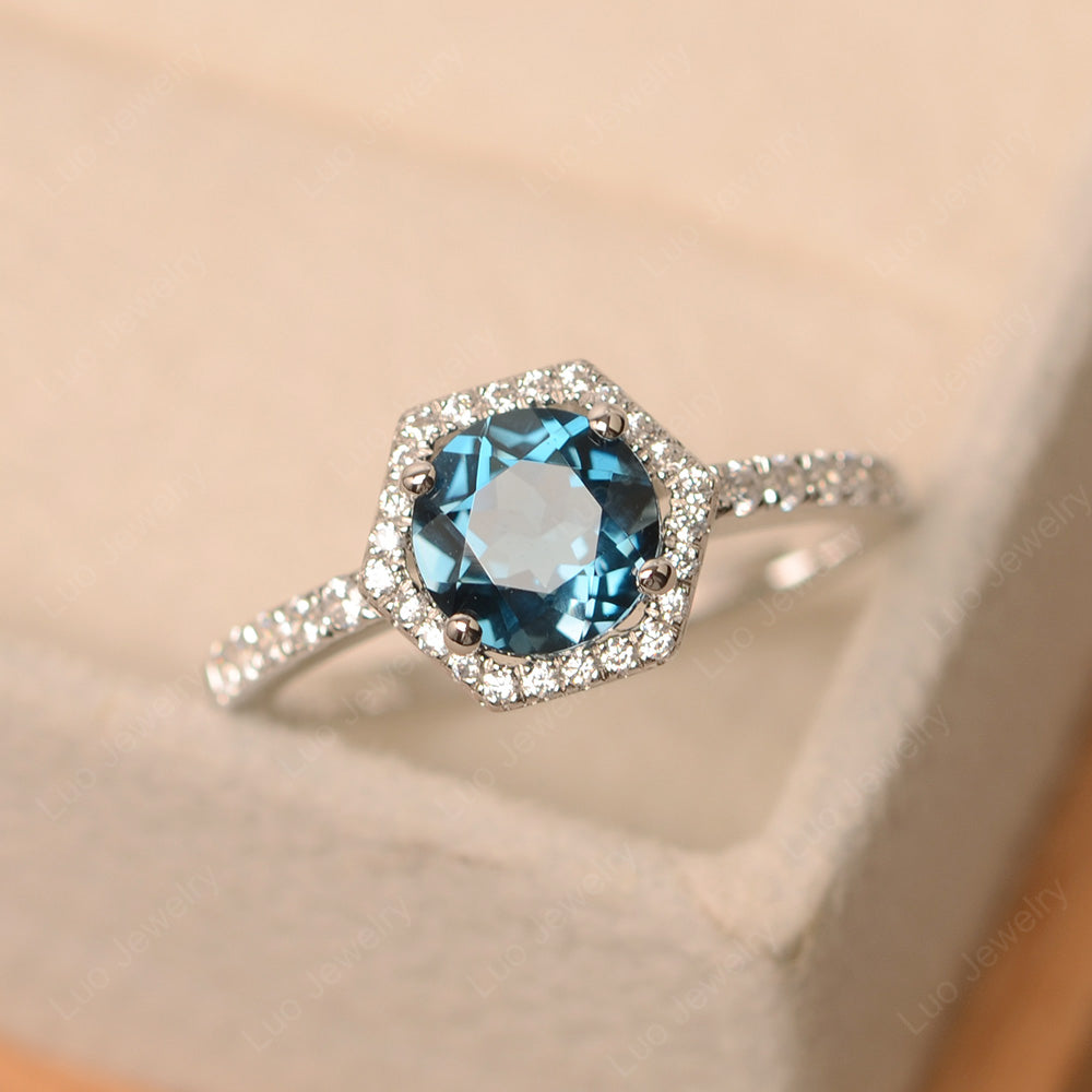 London Blue Topaz Halo Hexagon Setting Engagement Ring - LUO Jewelry