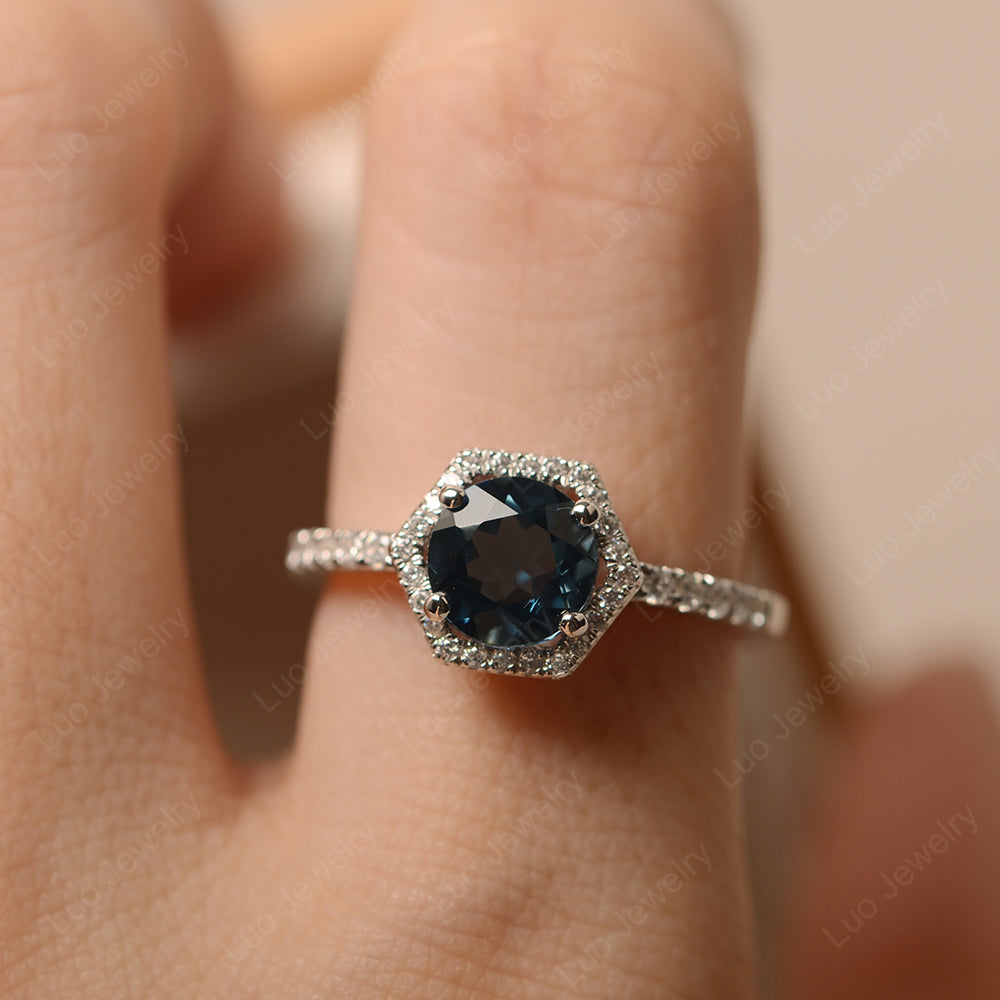 London Blue Topaz Halo Hexagon Setting Engagement Ring - LUO Jewelry