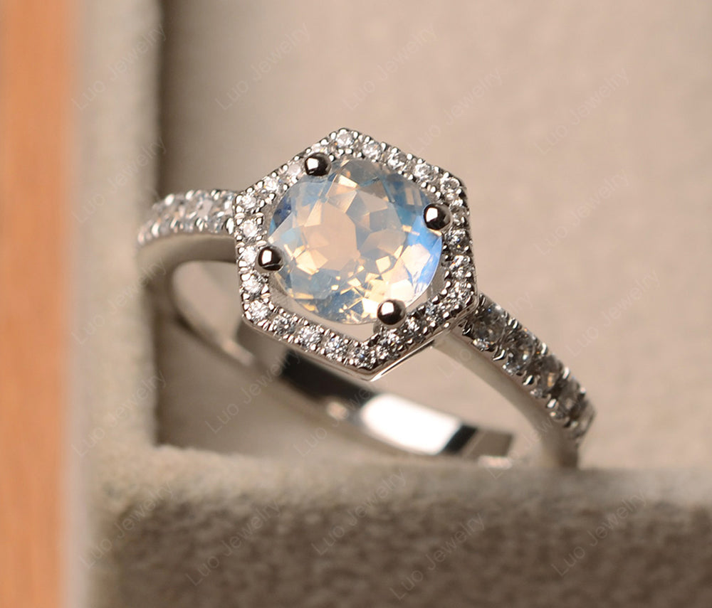 Moonstone Halo Hexagon Setting Engagement Ring - LUO Jewelry