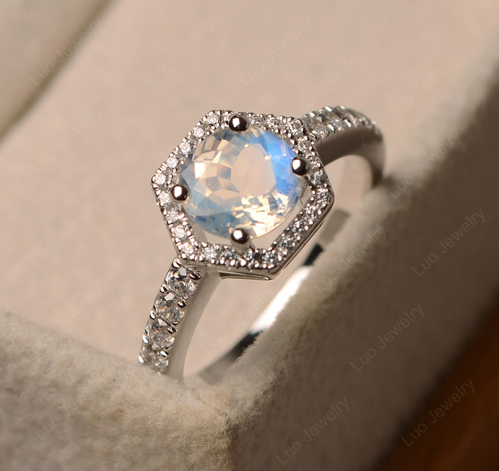 Moonstone Halo Hexagon Setting Engagement Ring - LUO Jewelry