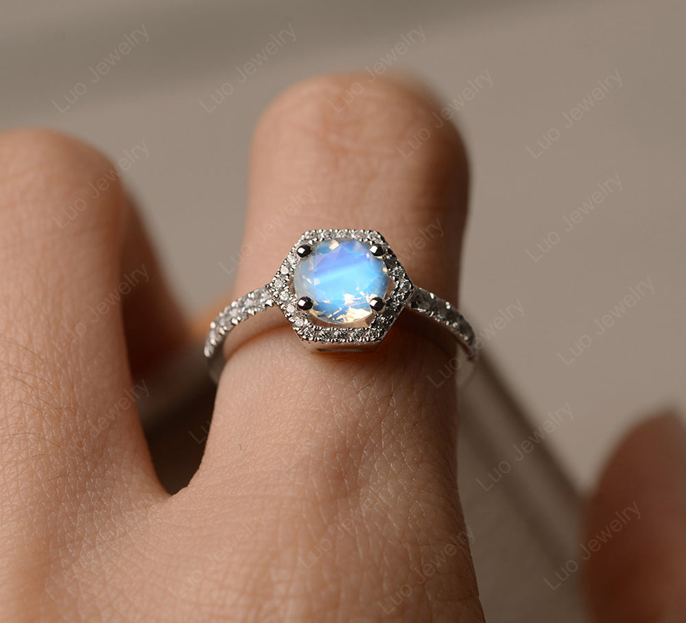 Moonstone Halo Hexagon Setting Engagement Ring - LUO Jewelry