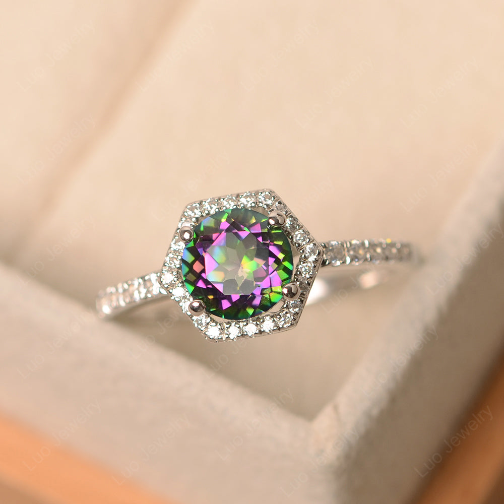 Mystic Topaz Halo Hexagon Setting Engagement Ring - LUO Jewelry
