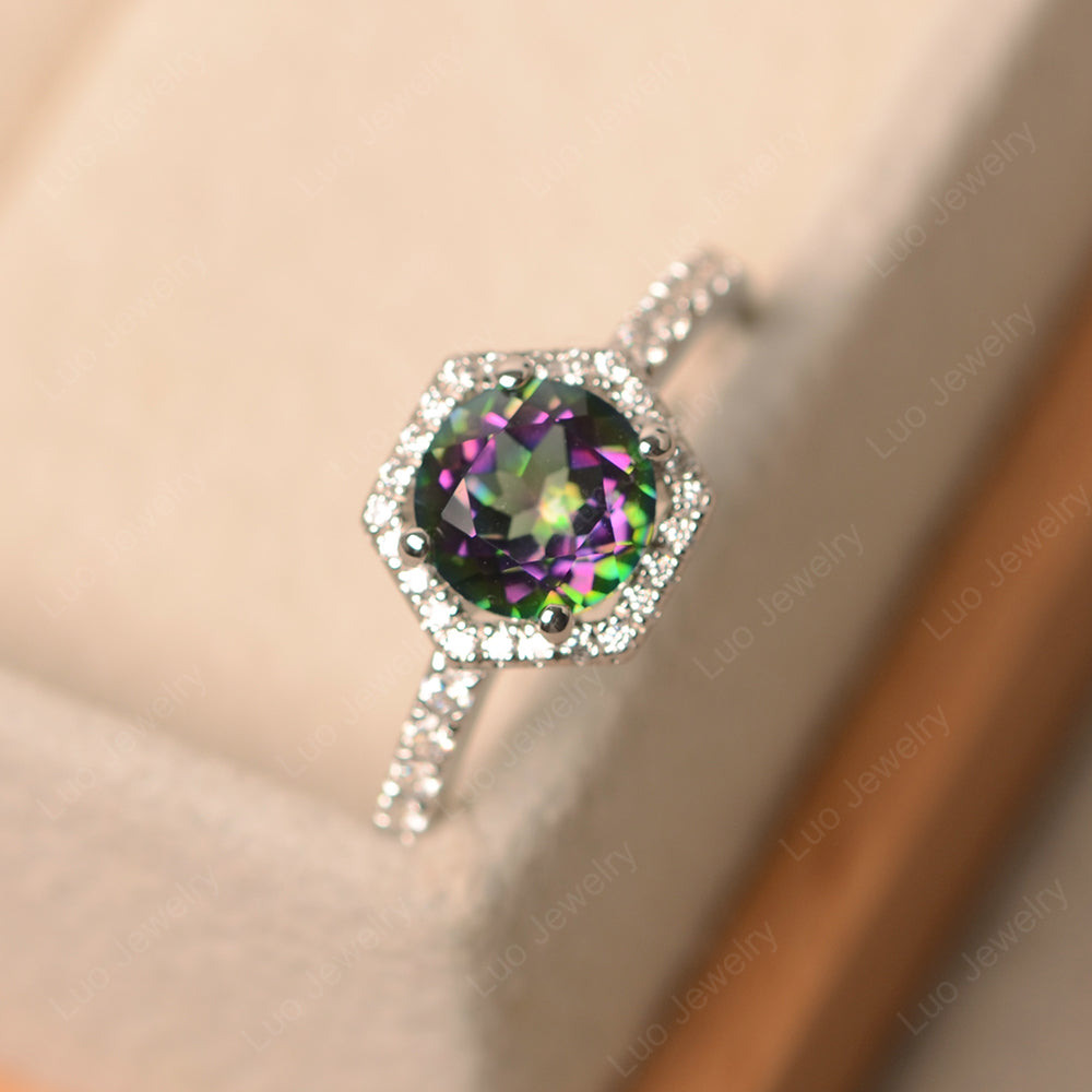 Mystic Topaz Halo Hexagon Setting Engagement Ring - LUO Jewelry