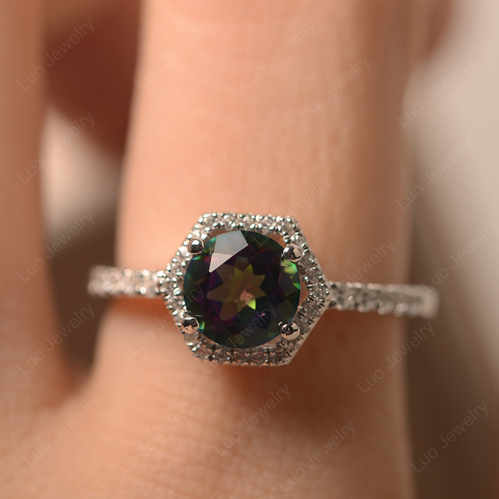 Mystic Topaz Halo Hexagon Setting Engagement Ring - LUO Jewelry