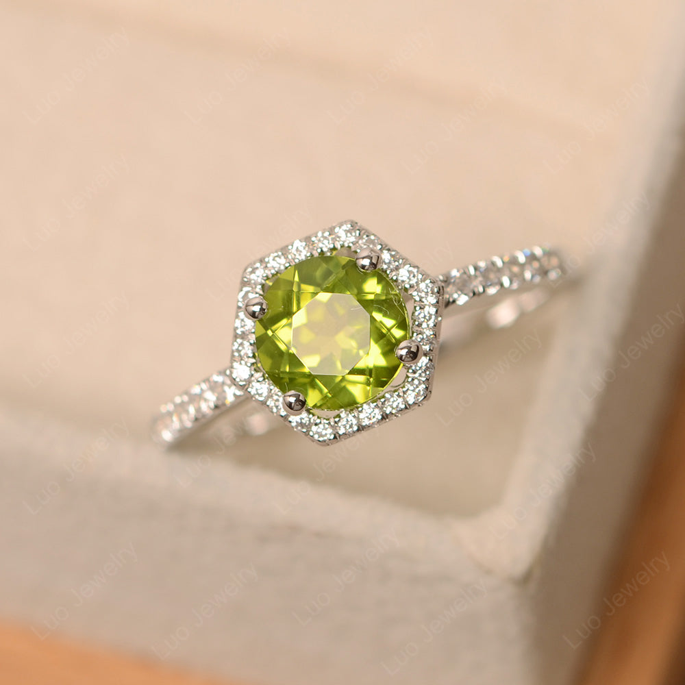 Peridot Halo Hexagon Setting Engagement Ring - LUO Jewelry