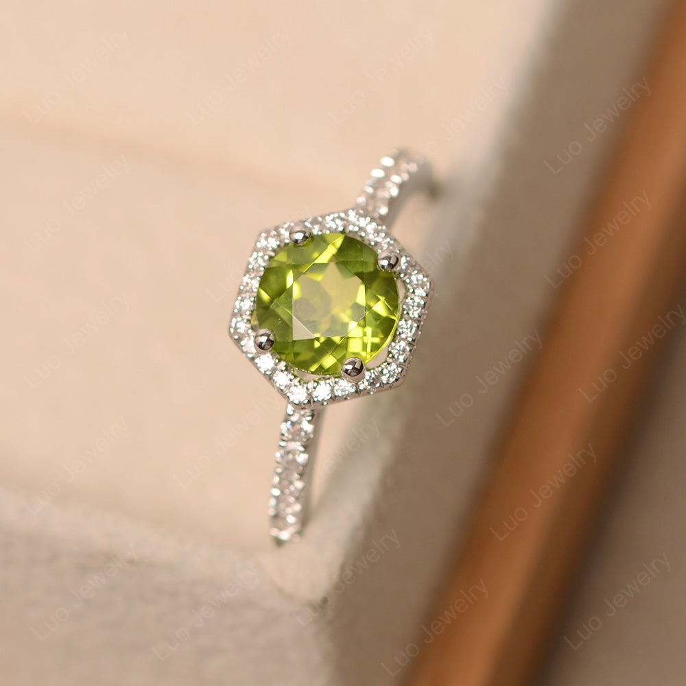 Peridot Halo Hexagon Setting Engagement Ring - LUO Jewelry