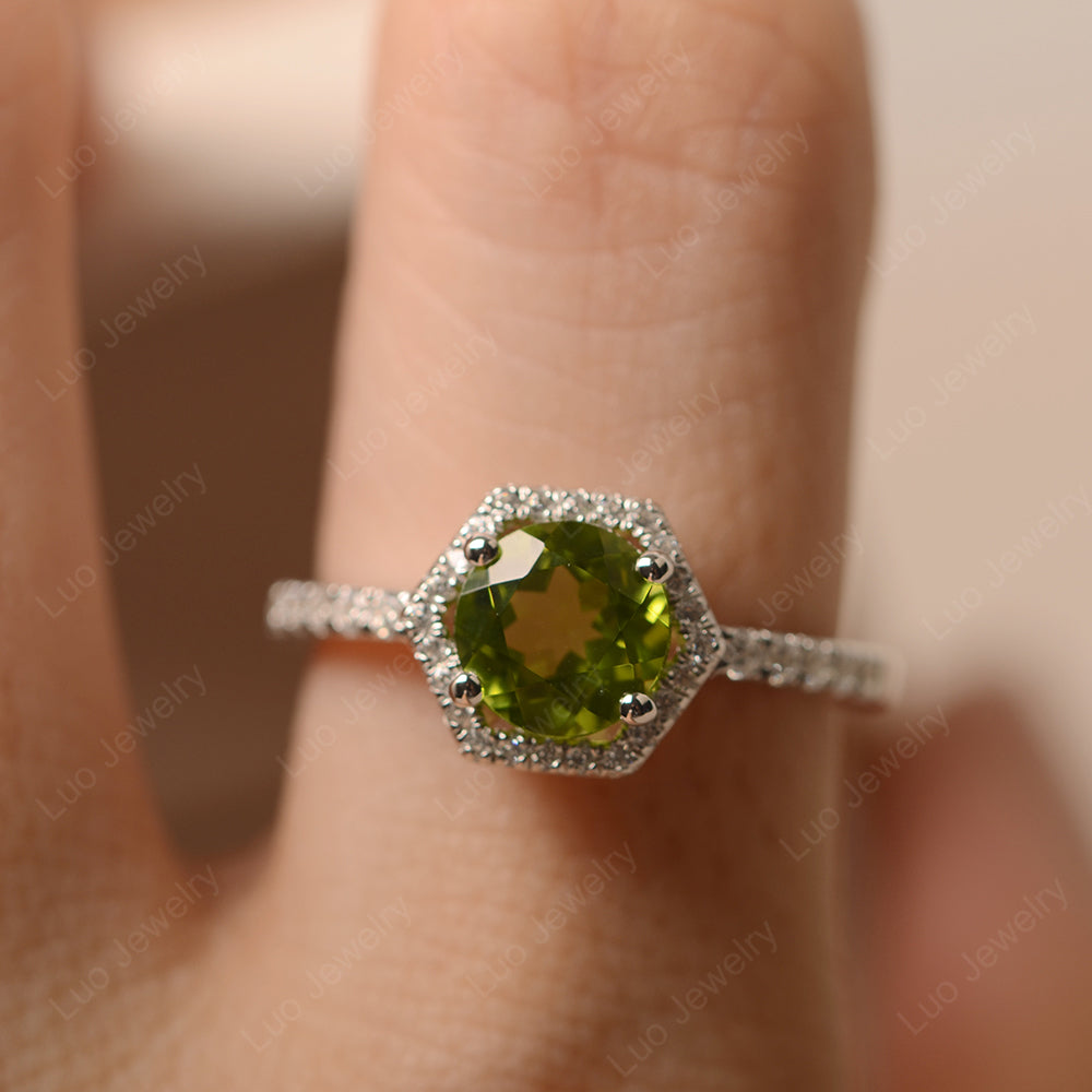 Peridot Halo Hexagon Setting Engagement Ring - LUO Jewelry