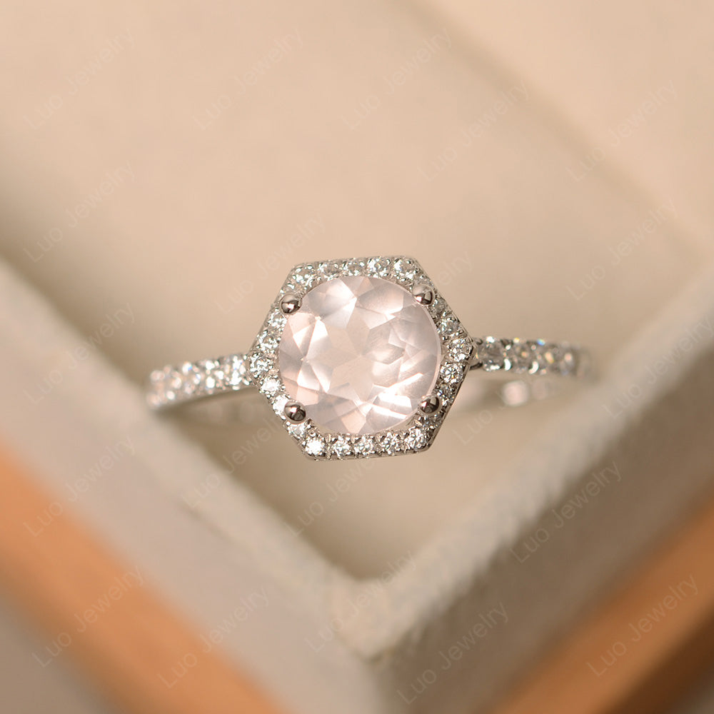 Rose Quartz Halo Hexagon Setting Engagement Ring - LUO Jewelry