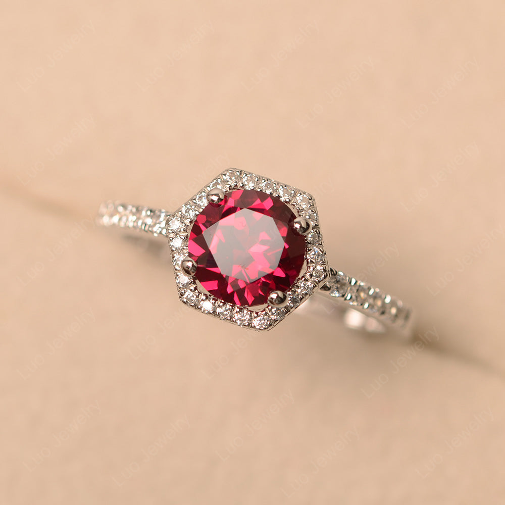 Ruby Halo Hexagon Setting Engagement Ring - LUO Jewelry