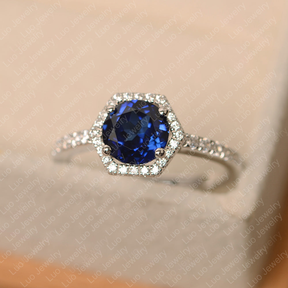 Lab Sapphire Halo Hexagon Setting Engagement Ring - LUO Jewelry
