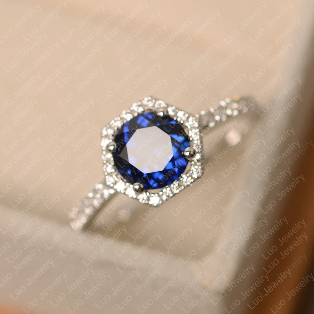 Lab Sapphire Halo Hexagon Setting Engagement Ring - LUO Jewelry