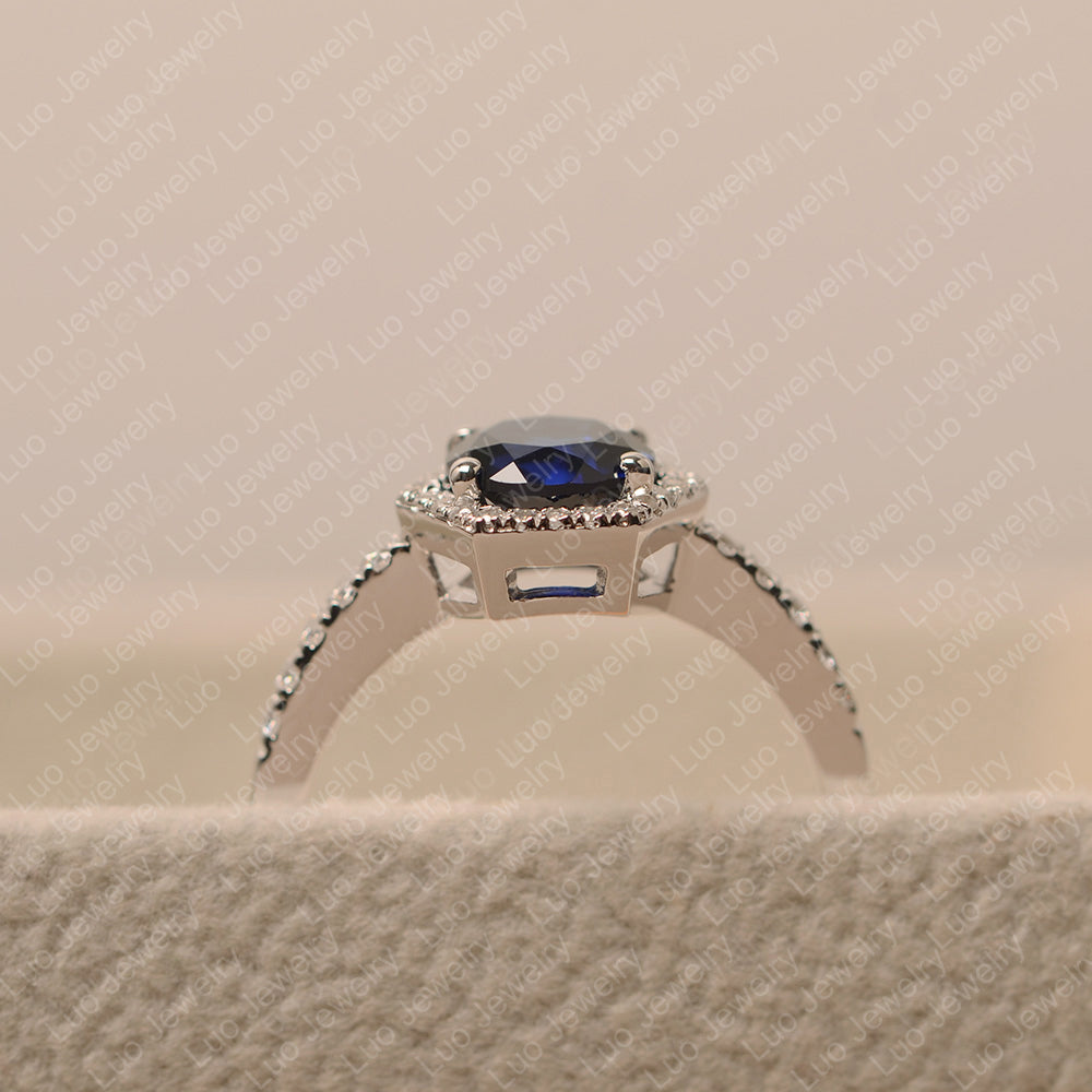 Lab Sapphire Halo Hexagon Setting Engagement Ring - LUO Jewelry