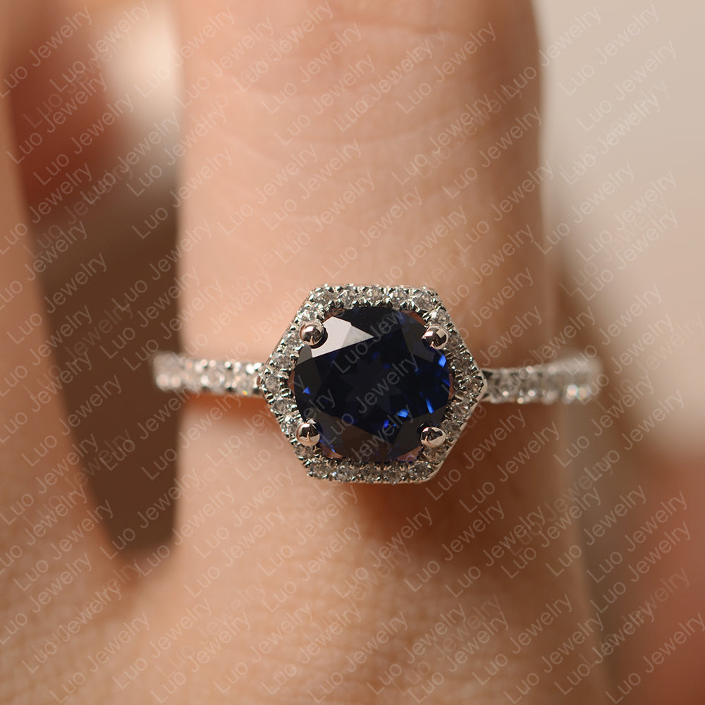 Lab Sapphire Halo Hexagon Setting Engagement Ring - LUO Jewelry