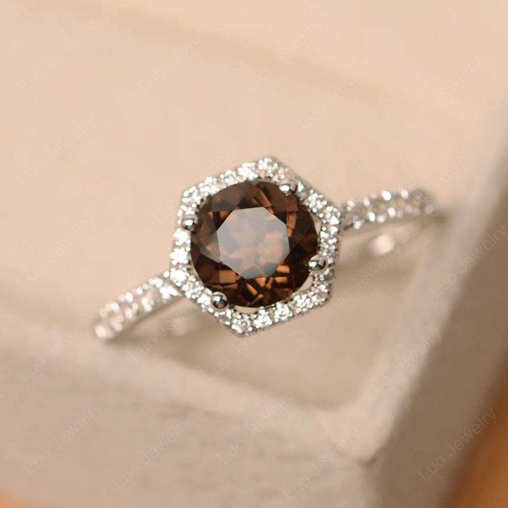 Smoky Quartz  Halo Hexagon Setting Engagement Ring - LUO Jewelry