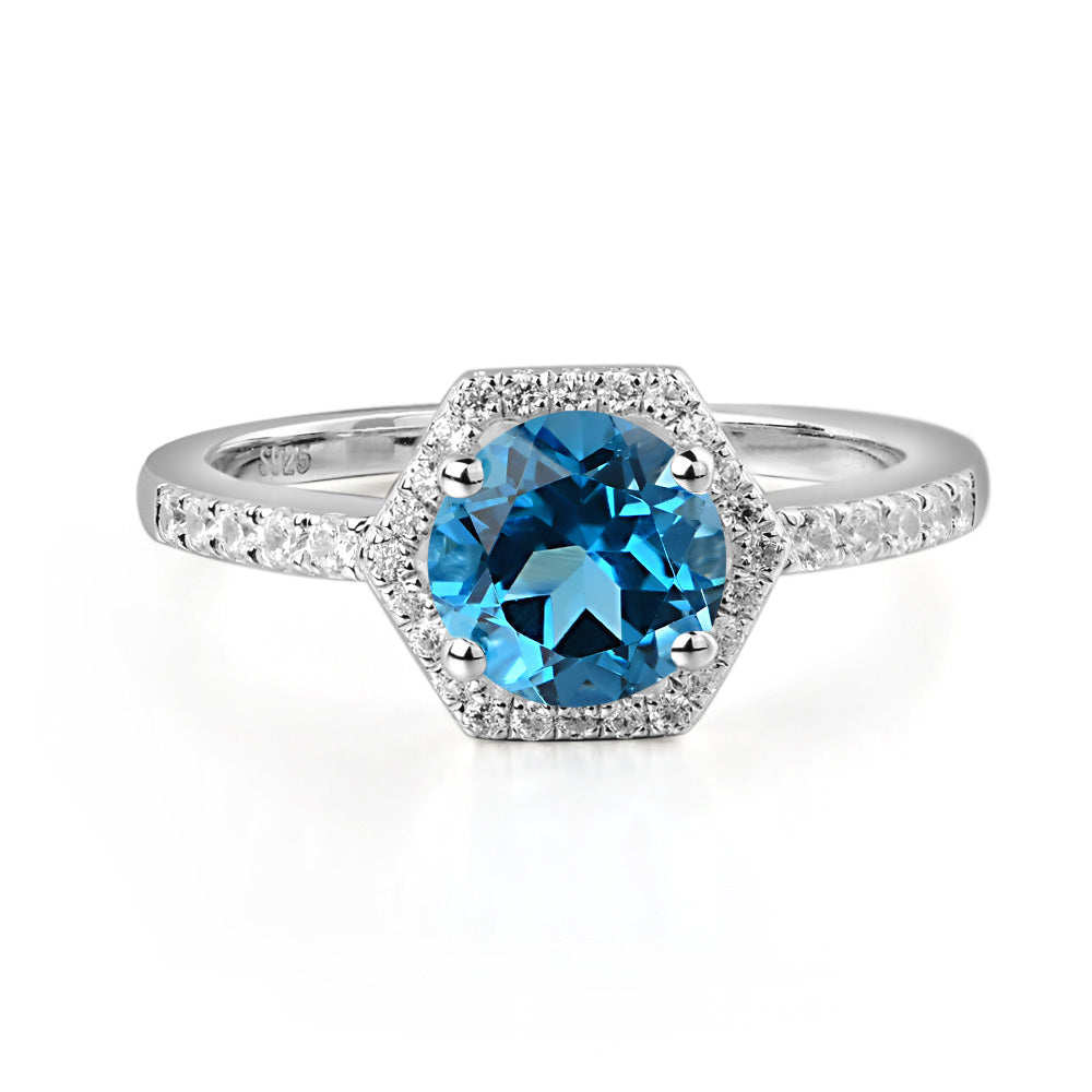 Swiss Blue Topaz Halo Hexagon Setting Engagement Ring - LUO Jewelry