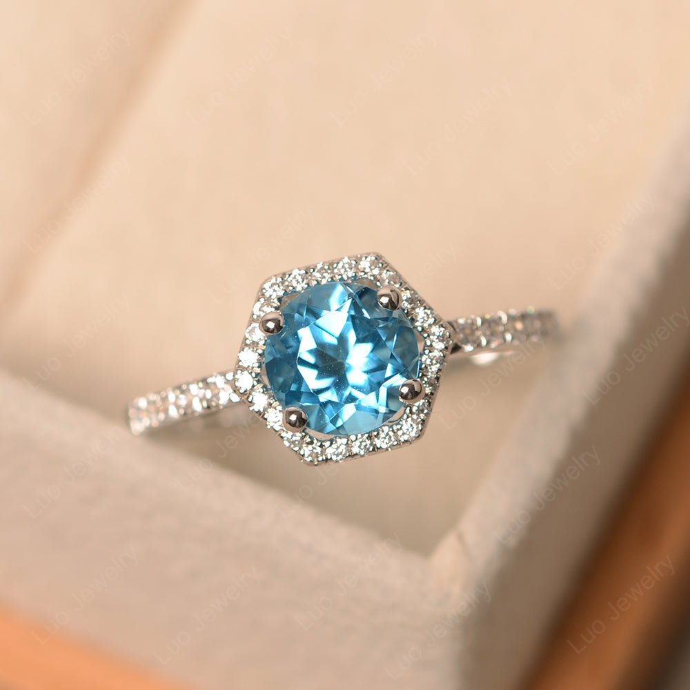 Swiss Blue Topaz Halo Hexagon Setting Engagement Ring - LUO Jewelry