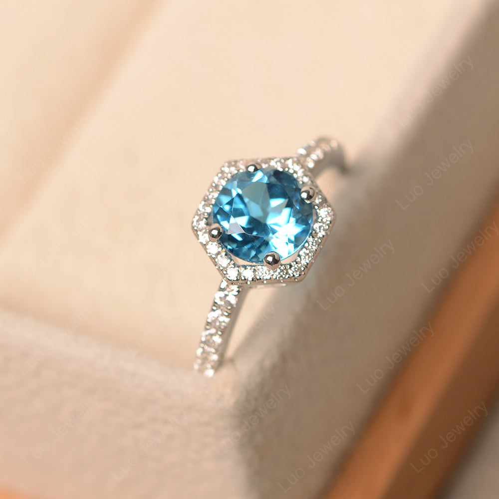 Swiss Blue Topaz Halo Hexagon Setting Engagement Ring - LUO Jewelry