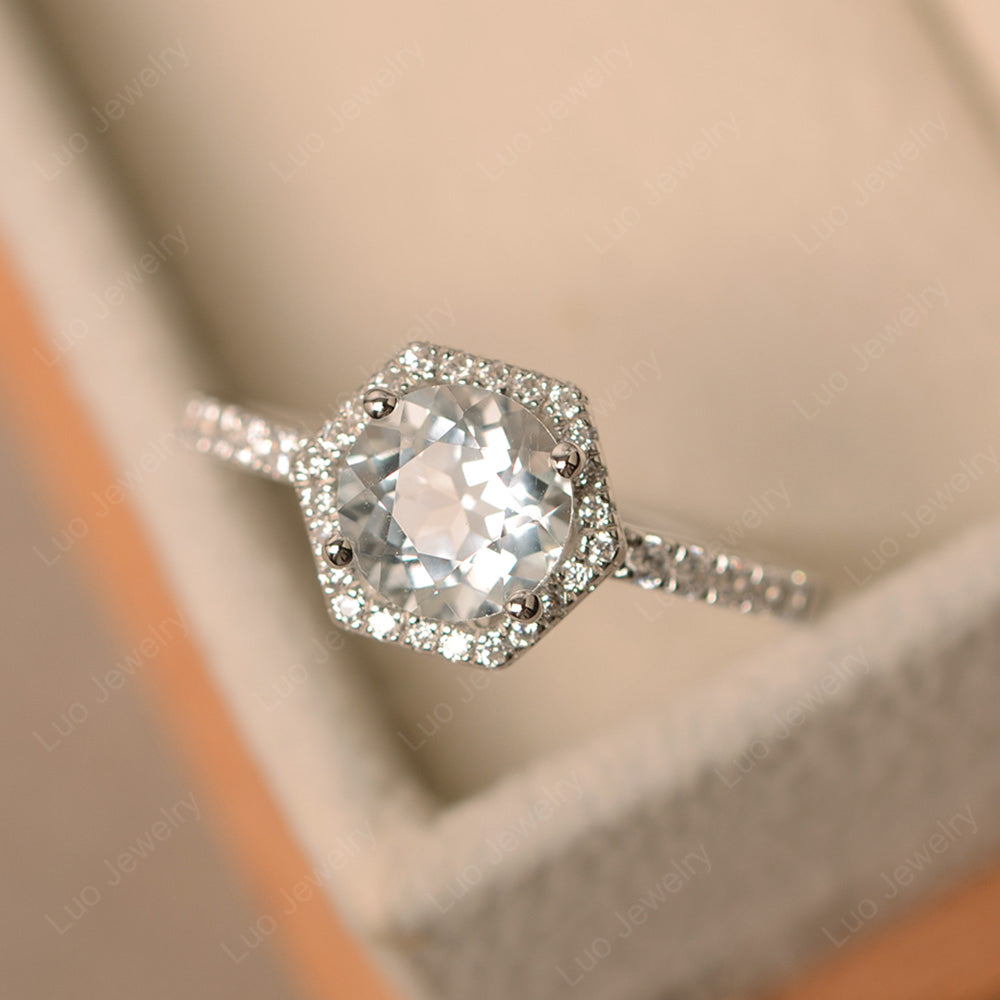 White Topaz Halo Hexagon Setting Engagement Ring - LUO Jewelry