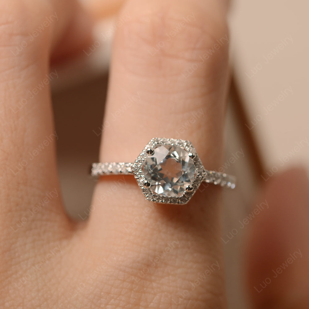 White Topaz Halo Hexagon Setting Engagement Ring - LUO Jewelry