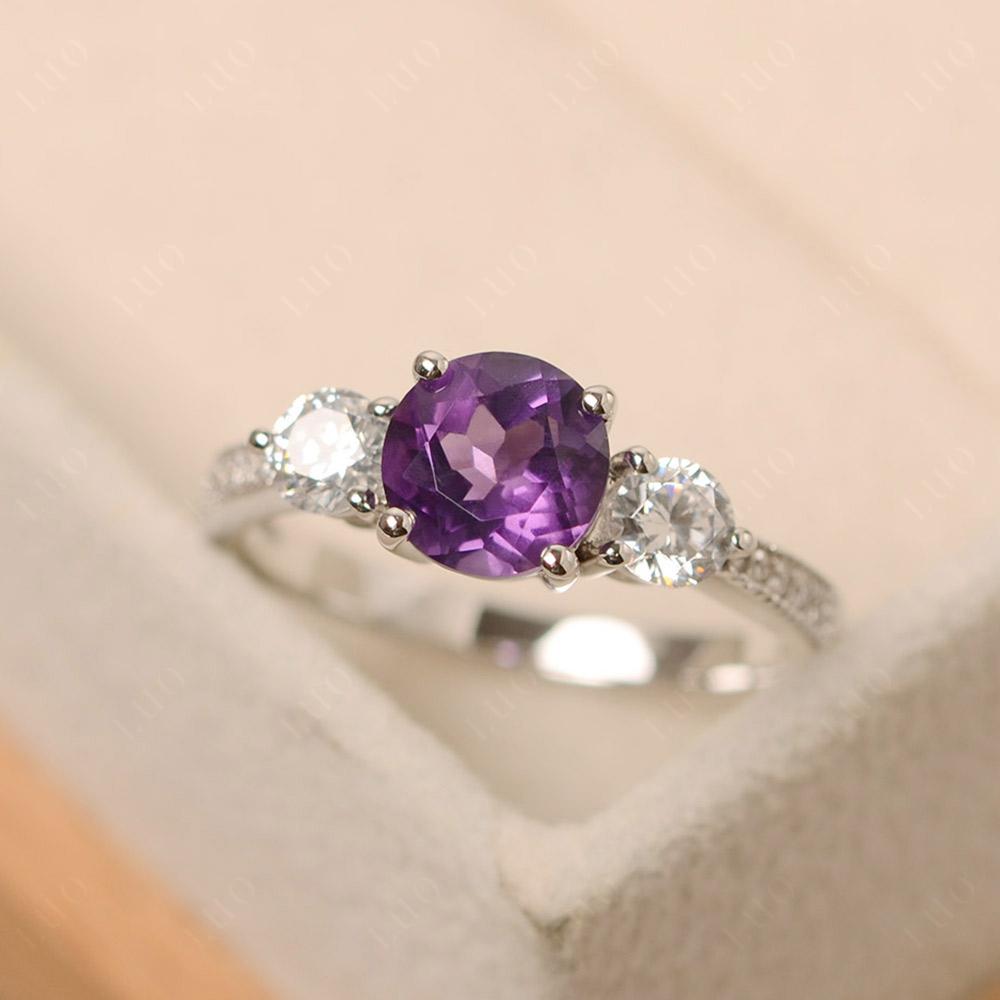 Amethyst Ring 3 Stone Engagement Ring - LUO Jewelry
