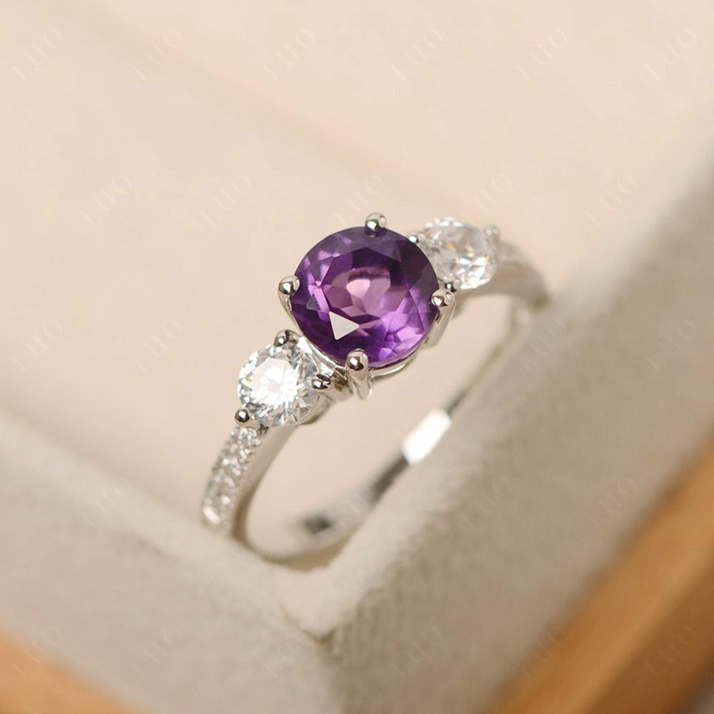 Amethyst Ring 3 Stone Engagement Ring - LUO Jewelry
