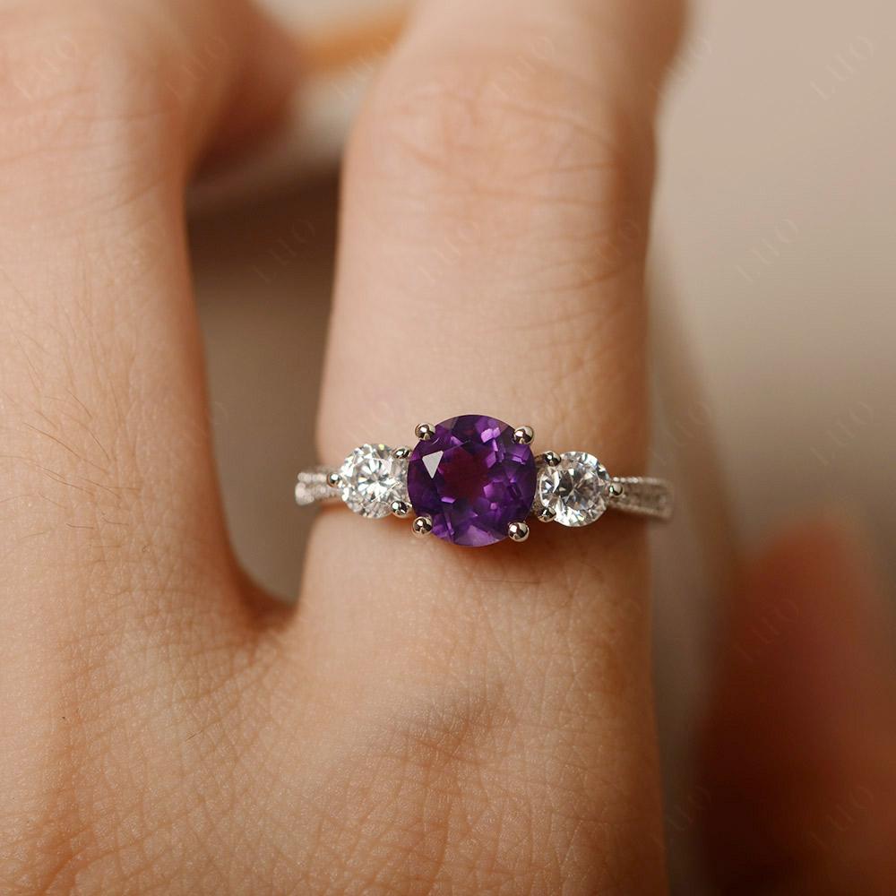 Amethyst Ring 3 Stone Engagement Ring - LUO Jewelry