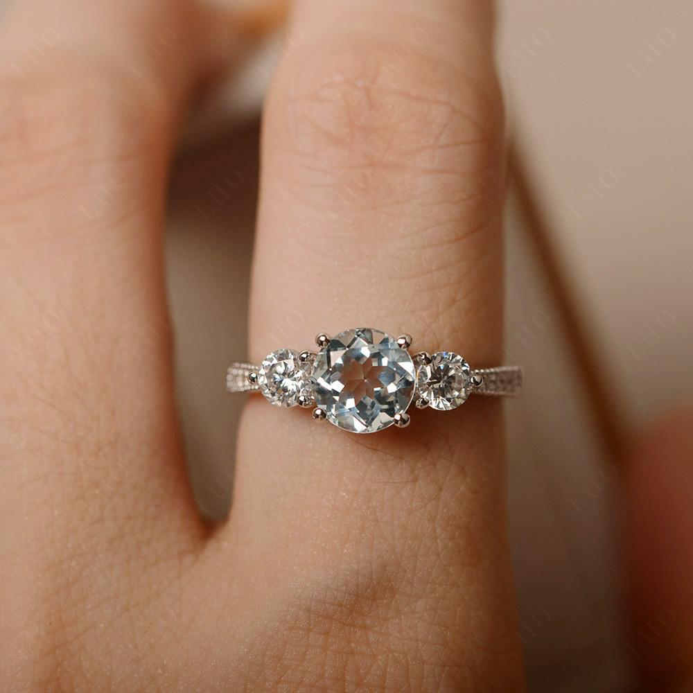 Aquamarine Ring 3 Stone Engagement Ring - LUO Jewelry
