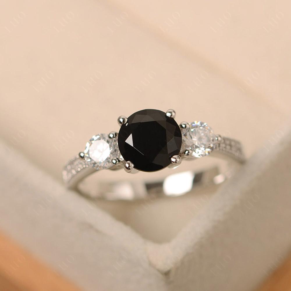 Black Stone Ring 3 Stone Engagement Ring - LUO Jewelry