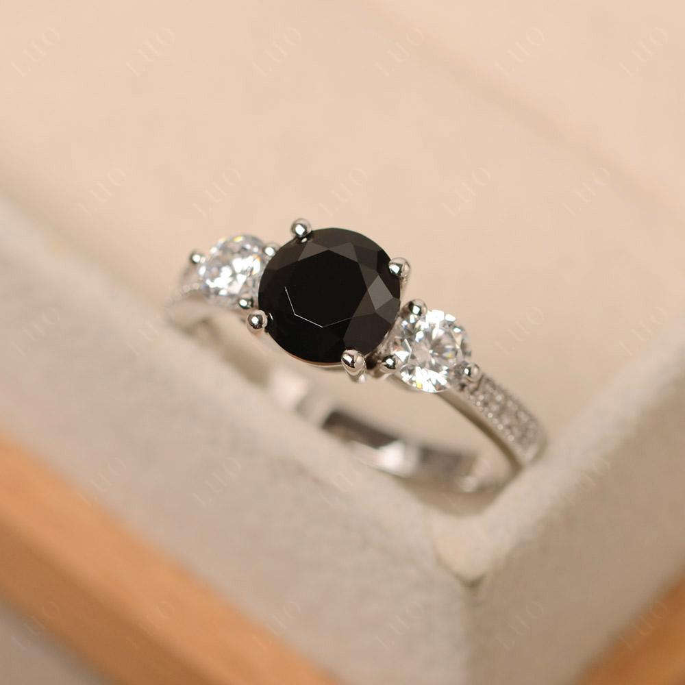 Black Stone Ring 3 Stone Engagement Ring - LUO Jewelry