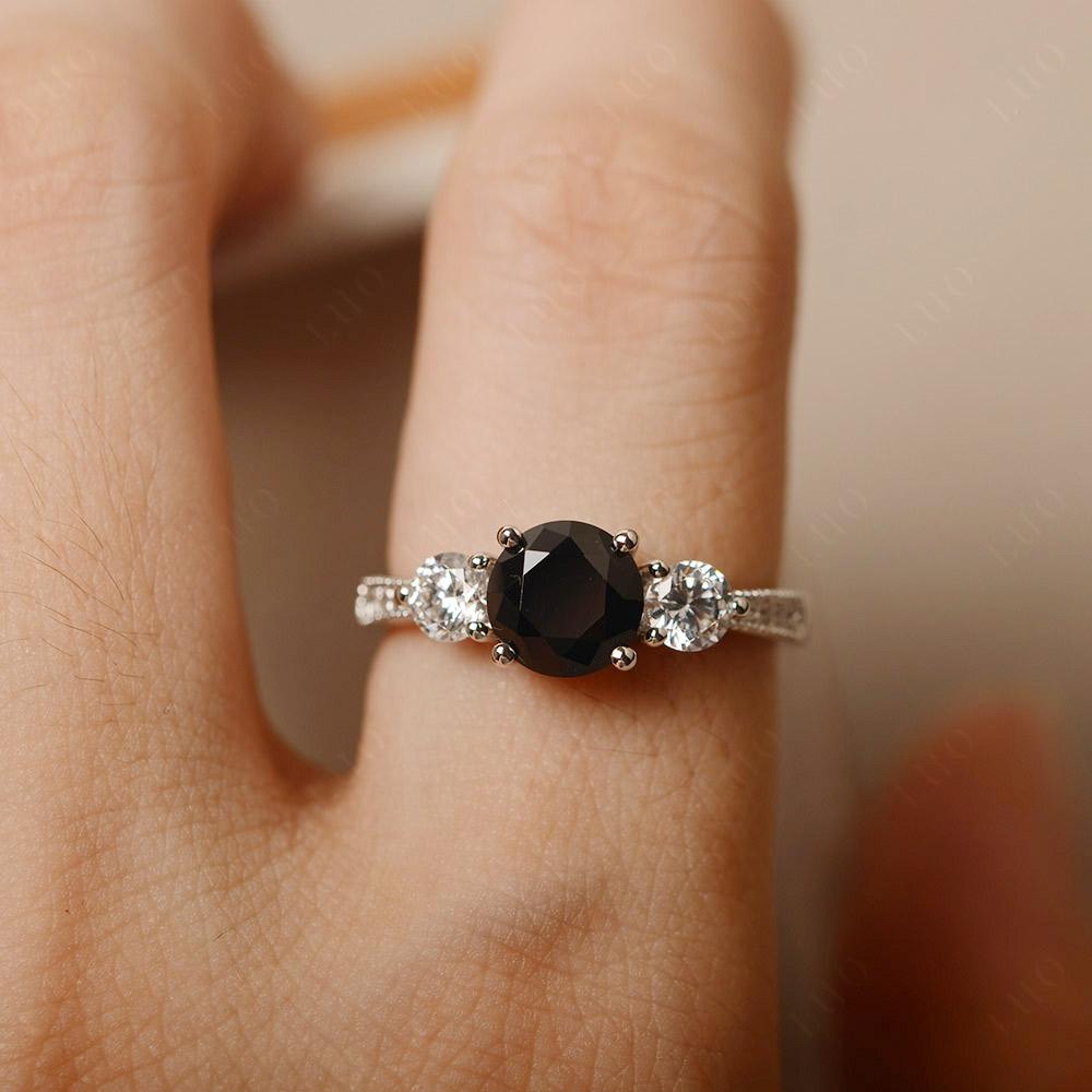 Black Stone Ring 3 Stone Engagement Ring - LUO Jewelry