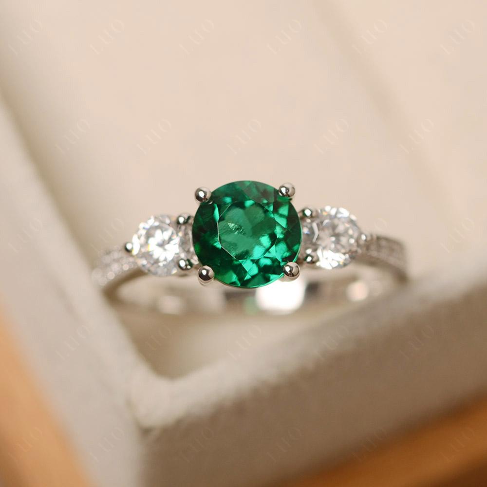 Emerald Ring 3 Stone Engagement Ring - LUO Jewelry